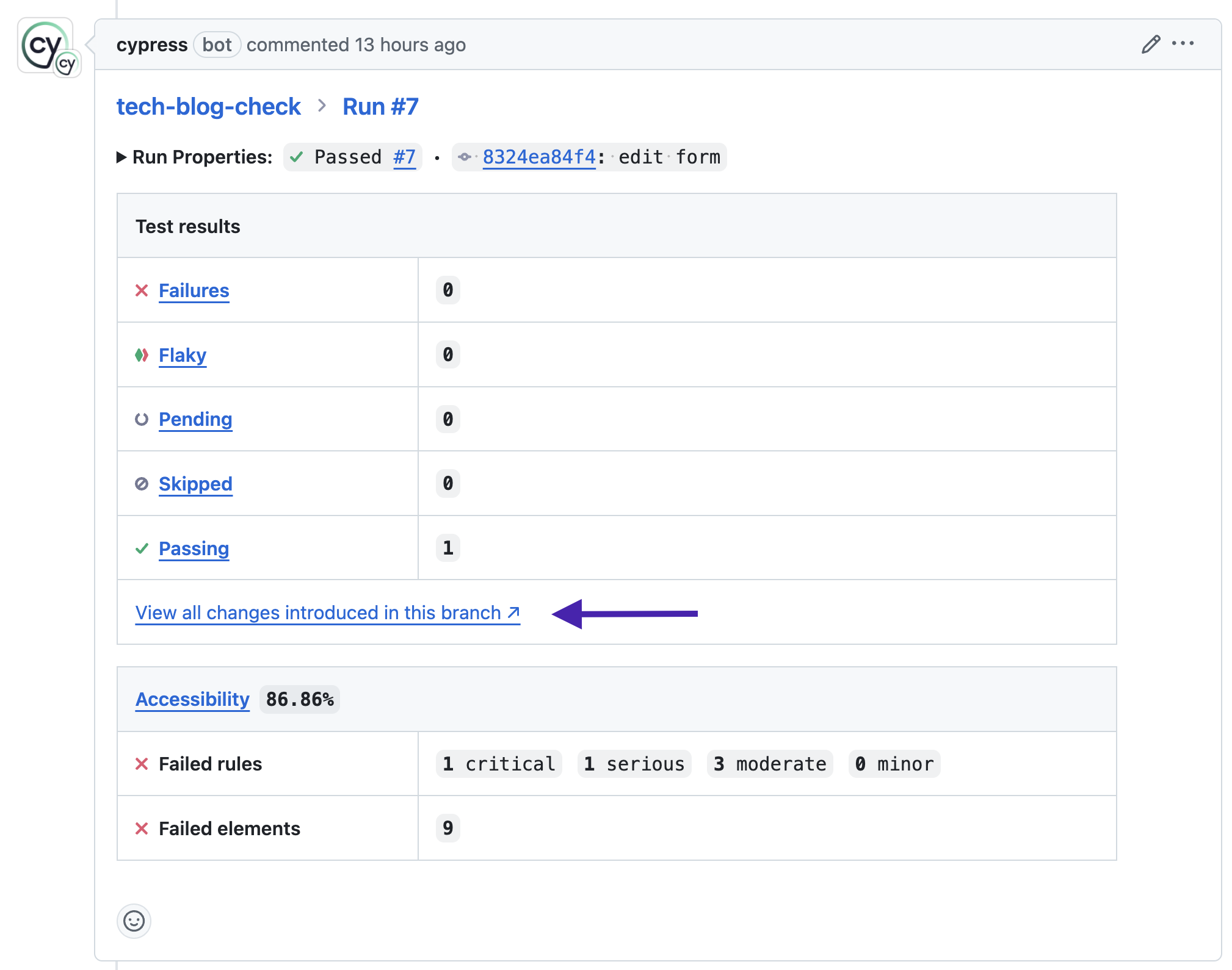 来自Cypress的Pull Request评论，箭头指向'View all changes introduced in this branch'链接。评论中还可见测试结果和一些无障碍评分及违规信息。项目无障碍评分为86.86%，有9个失败元素。失败规则计数为1个严重、1个重要、3个中等和0个轻微。