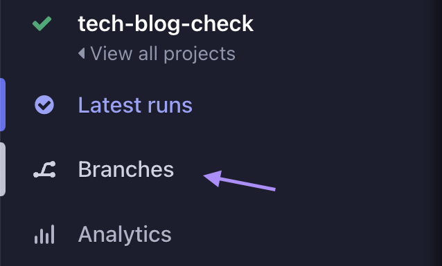 Cypress Cloud主导航显示Latest Runs、Branches和Analytics菜单项。箭头指向Branches。