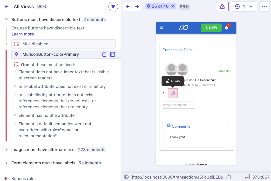 无障碍问题详情视图，包含规则区域和快照区域，展示Cypress Realworld App项目中'按钮必须具有可识别文本'违规。页面后续部分将详细描述每个区域。