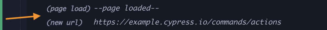 命令日志显示'Page load --page loaded--'和'New url https://example.cypress.io/'