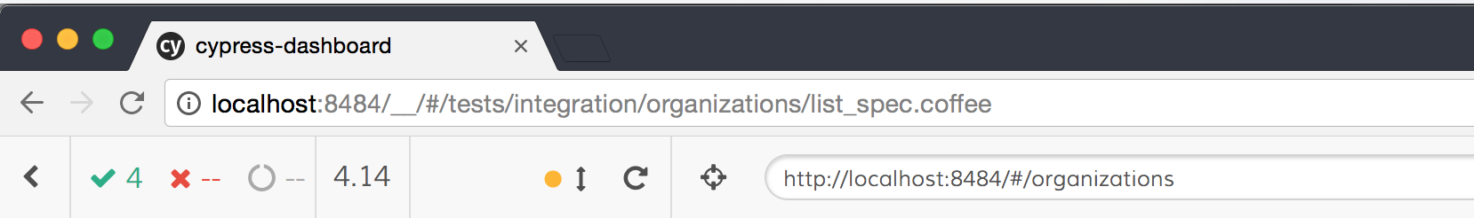 URL地址栏显示 localhost:8484/__tests/integration/organizations/list_spec.coffee