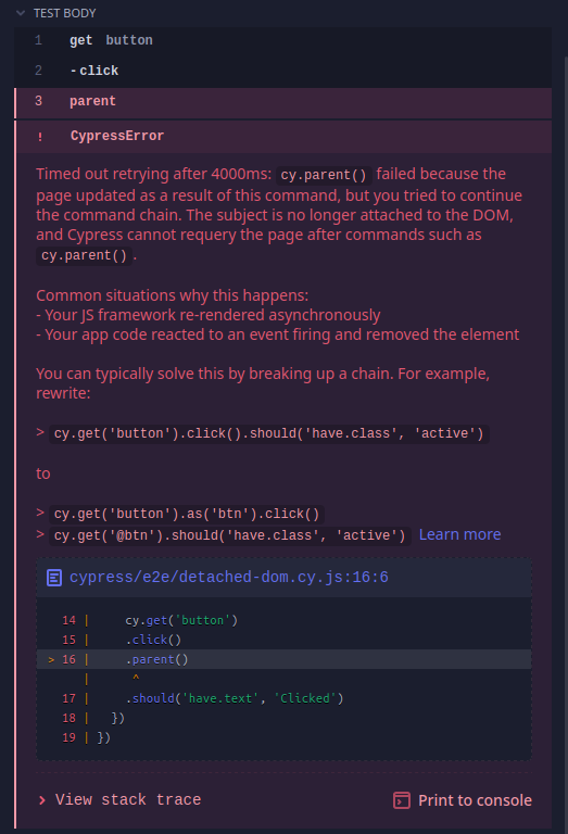 cy.method() 失败,因为页面已更新