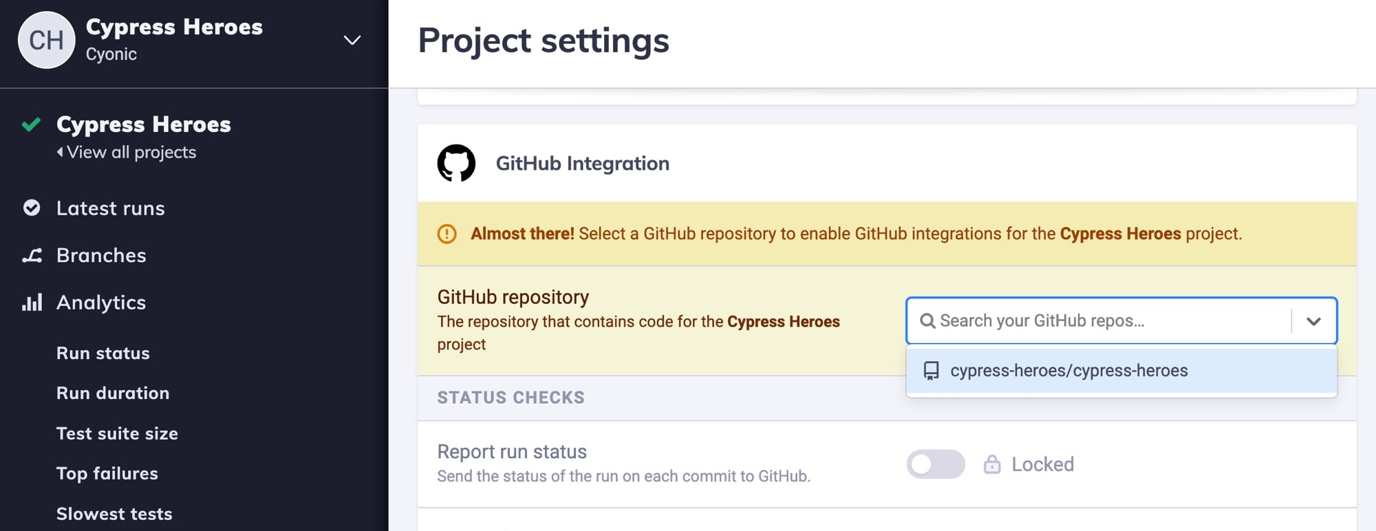 将 GitHub 仓库与 Cypress 项目关联