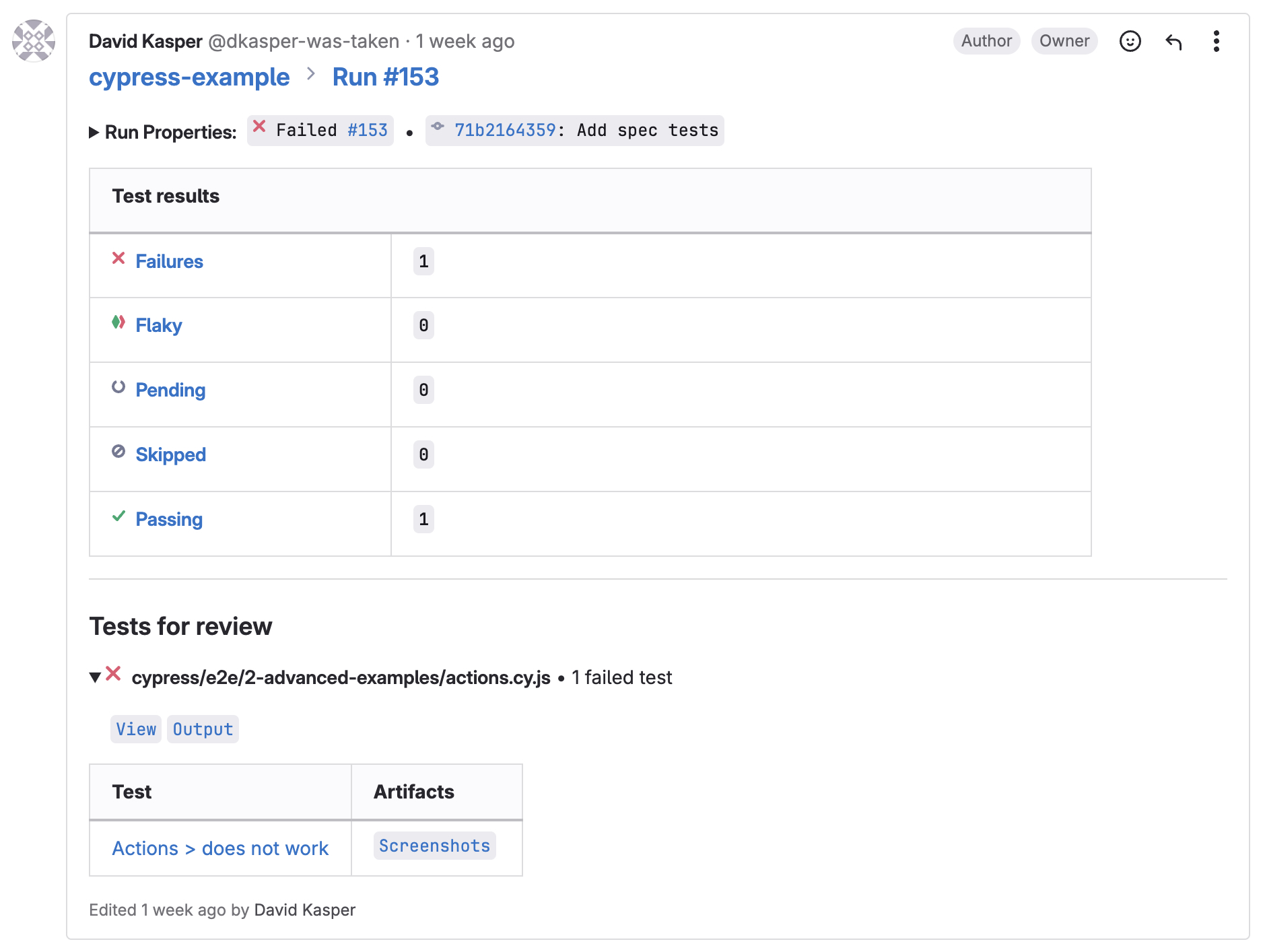 GitLab 合并请求评论展示运行属性、测试结果和待审查测试