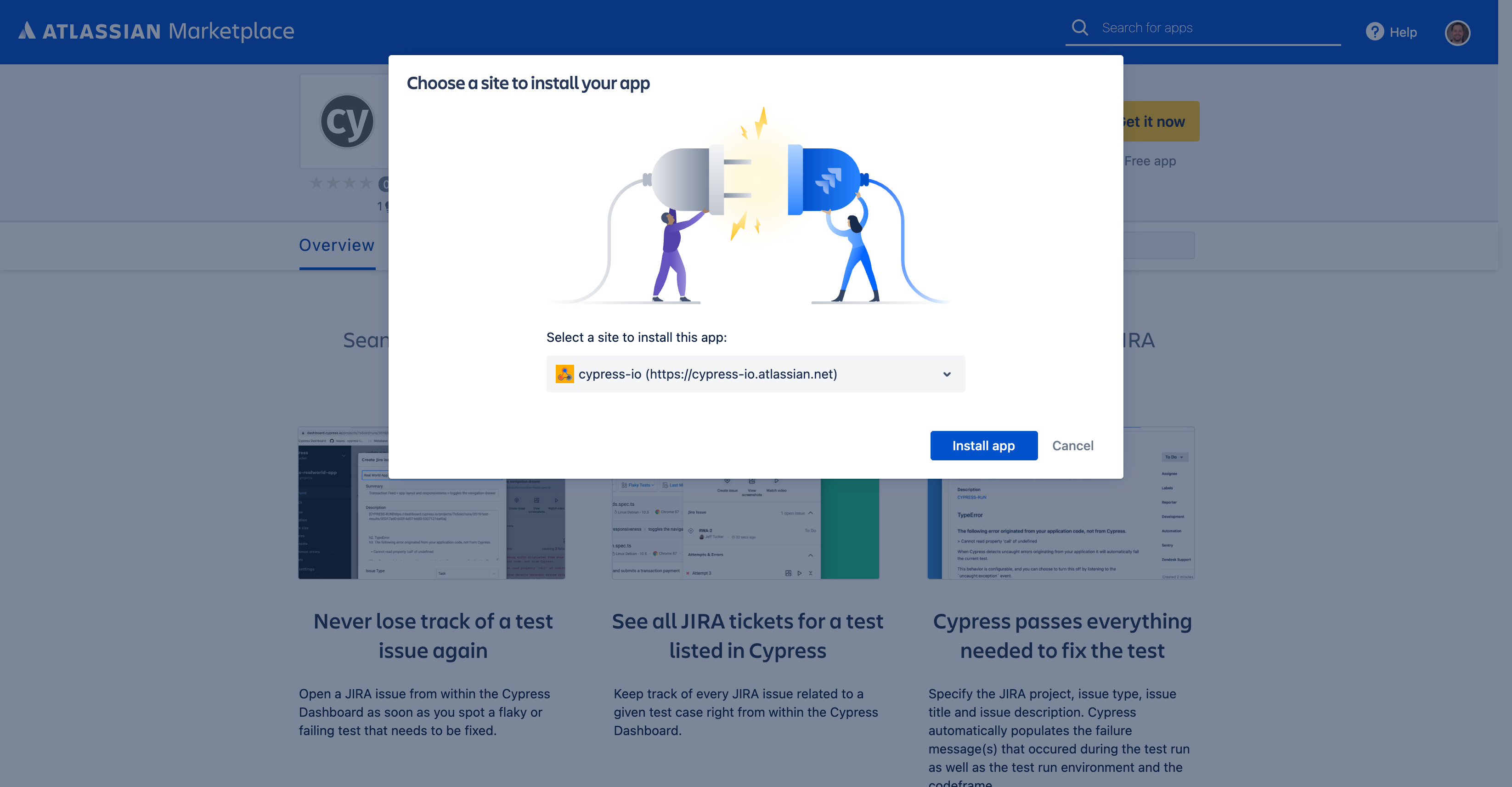 Atlassian Marketplace Cypress for Jira选择站点