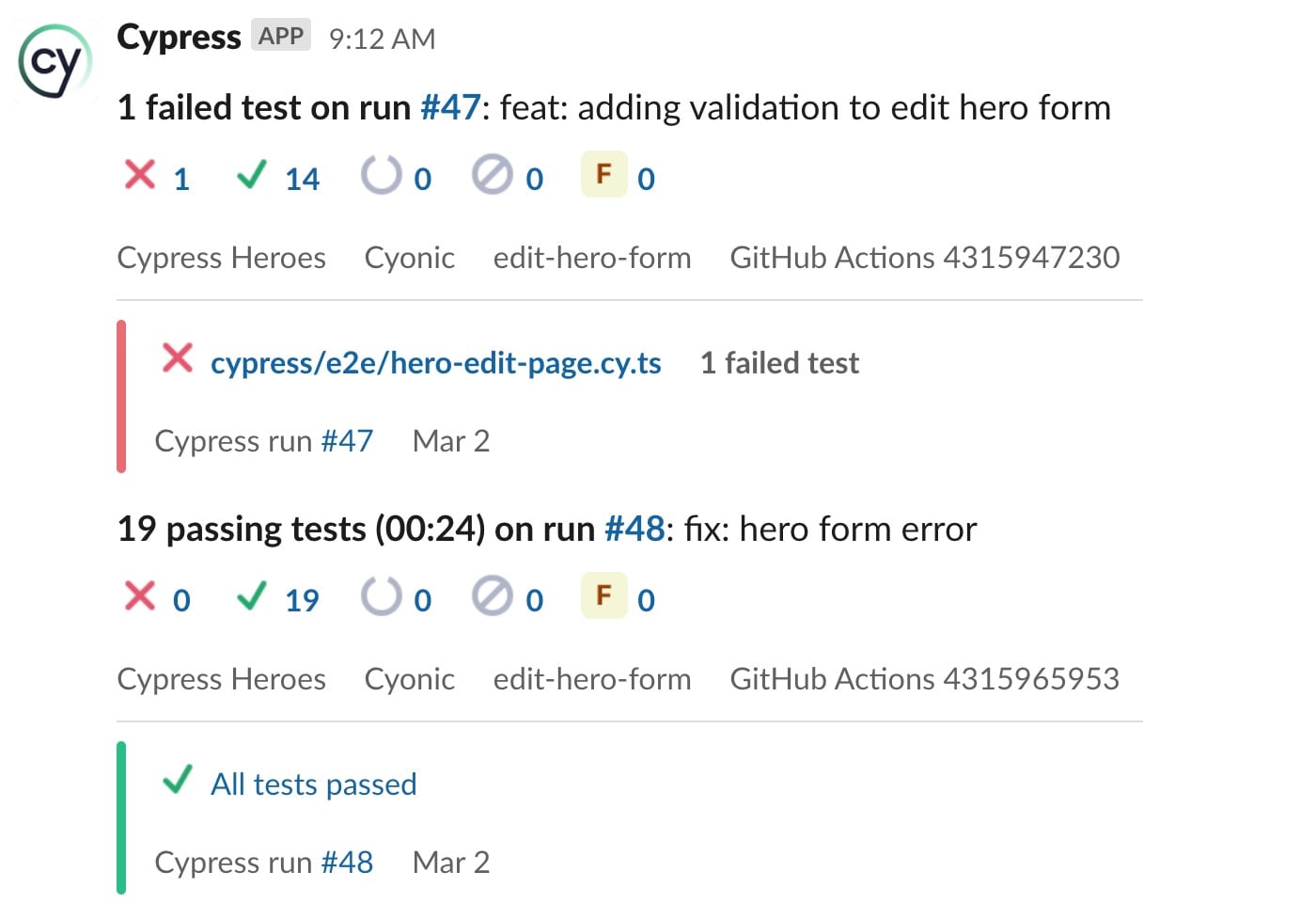 Slack 频道中的 Cypress 通知流