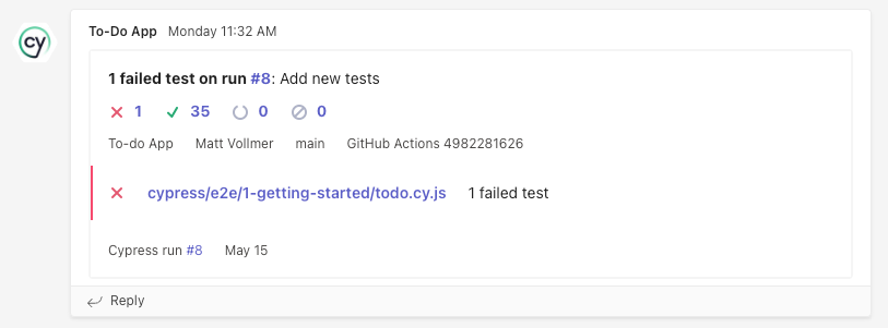 Microsoft Teams 频道中的 Cypress 通知信息流