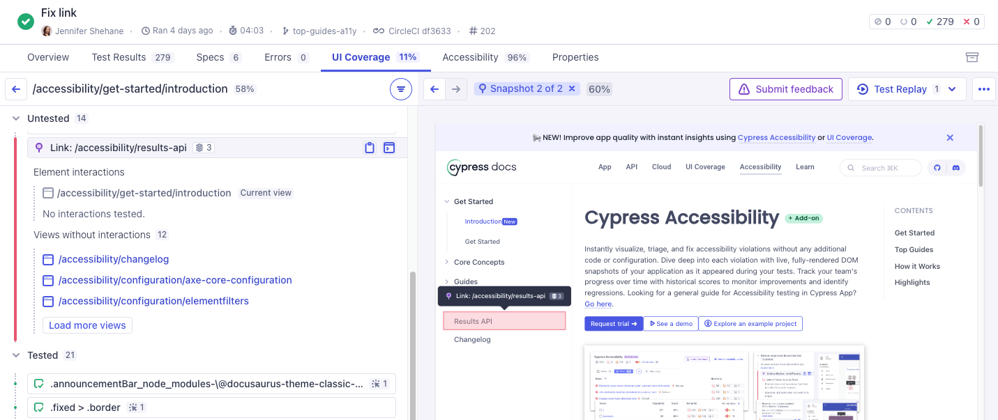 Cypress Cloud截图，显示视图中未测试的链接以红色突出显示